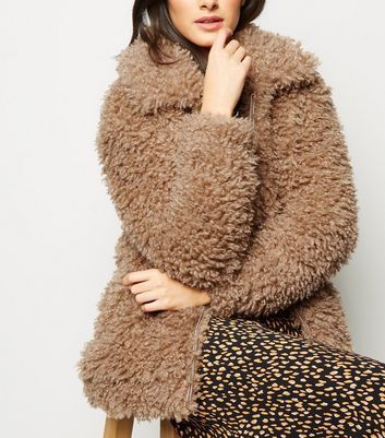 Camel Curly Faux Fur Bomber Jacket New Look Compare Trinity Leeds