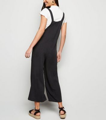 Black Linen Look Tie Strap Dungaree 
