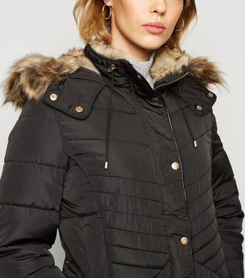 Black Faux Fur Trim Fitted Puffer 
