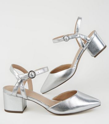 silver pointed block heels