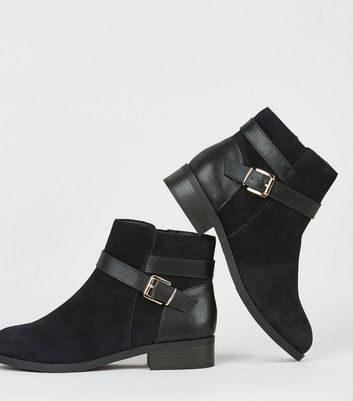 Wide Fit Black Suede Buckle Ankle Boots 