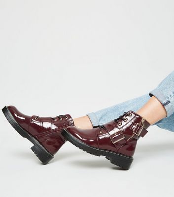 Dark Red Patent Lace Up Buckle Boots 
