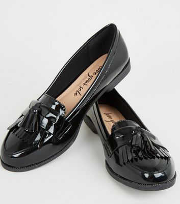 black patent tassel fringe trim loafers