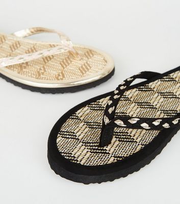 Pack Black and Cream Raffia Flip Flops 