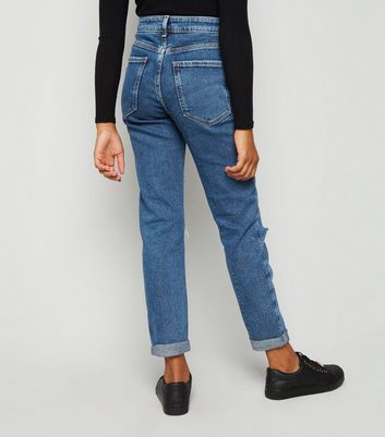 Girls Blue Ripped Stretch Mom Jeans New 