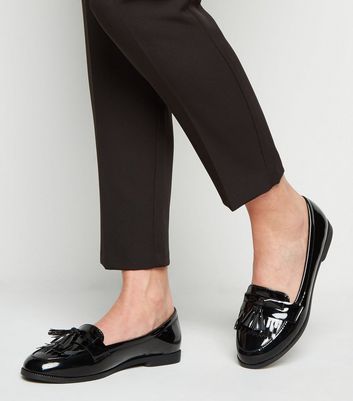 black patent tassel fringe trim loafers