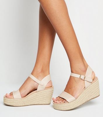 Cream Leather-Look Espadrille Wedges 