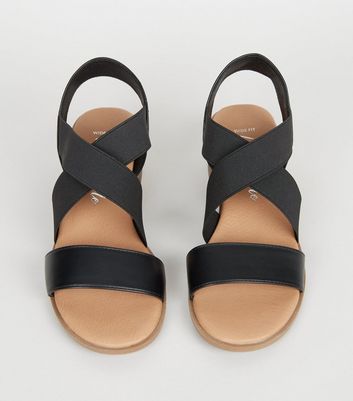 Wide Fit Black Elastic Strappy Low Heel Sandals New Look Vegan