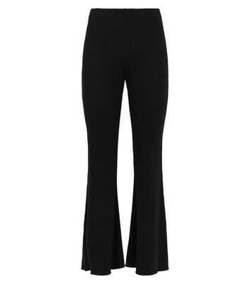 Black Ribbed Knit Flared Leggings New 