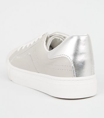 Grey Leather-Look Side Stitch Trainers 