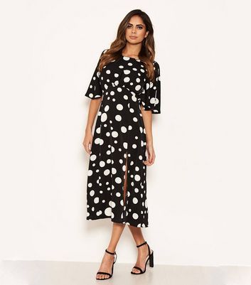 white spot split hem midi dress