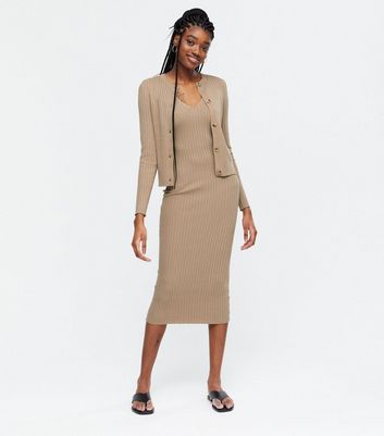 Camel Ribbed Knit Midi Dress and 