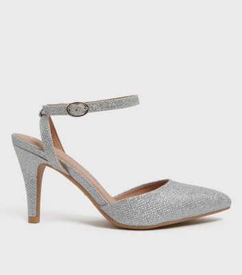 Wide Fit Silver Glitter Cone Heel Court 
