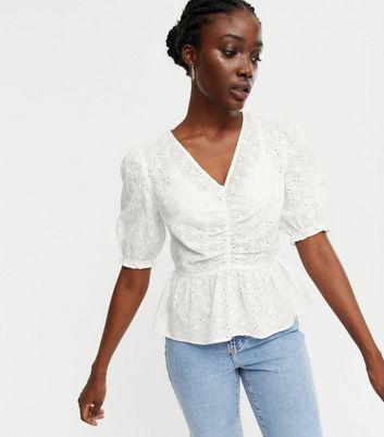 White Broderie Peplum Tea Blouse New 