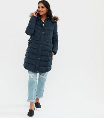 navy belted puffer coat
