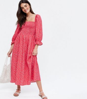 Red Floral Shirred Puff Sleeve Midi 
