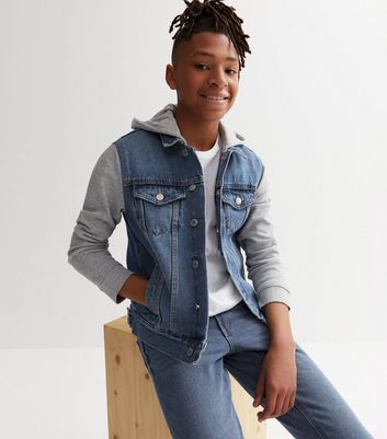 Dark Grey Jersey Sleeve Denim Jacket 