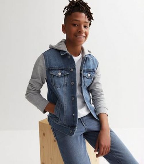 Blue Denim Jersey Sleeve Hooded Jacket