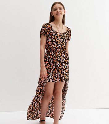 Girls Black Chiffon Floral Maxi 