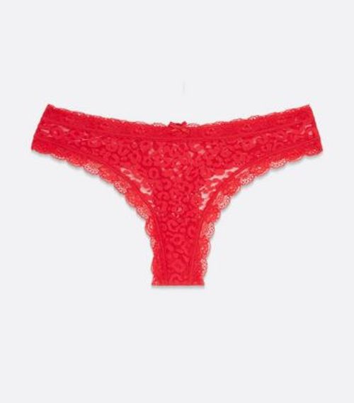 Red Animal Print Lace Thong...