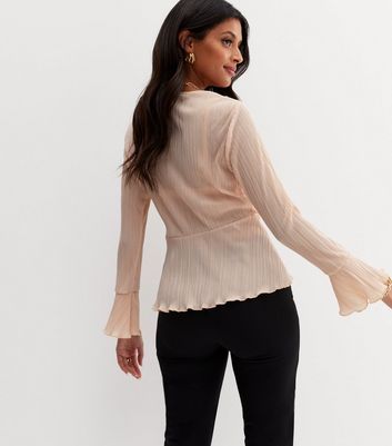 Pale Pink Plissé Peplum Wrap Blouse New 