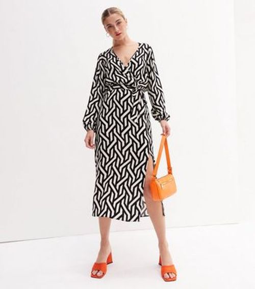 Black & White Geometric Print Wrap Dress