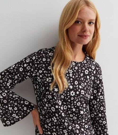 Black Floral Long Wide Sleeve...