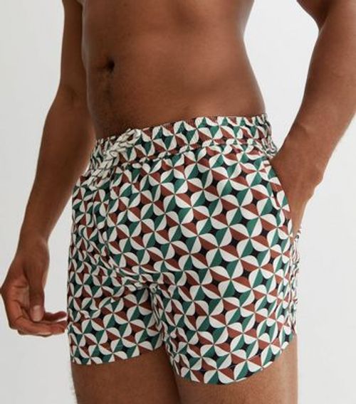 Men's Brown Geometric Swim Shorts New Look