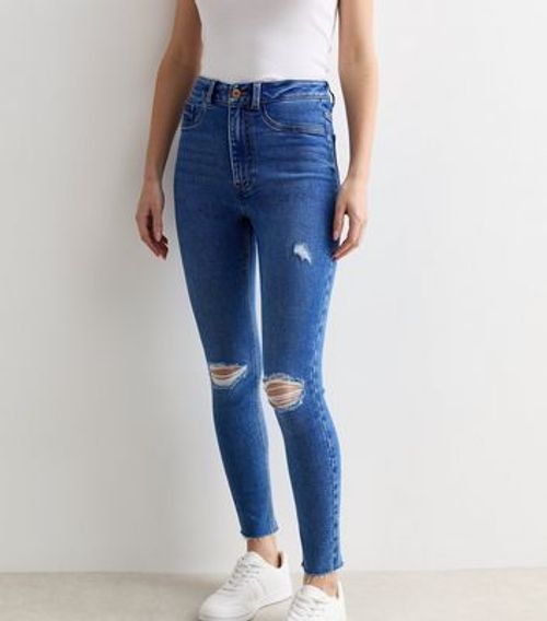 Bright Blue Ripped Knee High Waist Hallie Super Skinny Jeans New Look, £29.99