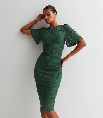 Gini London Dark Green Lace Short Sleeve Midi Bodycon Dress New
