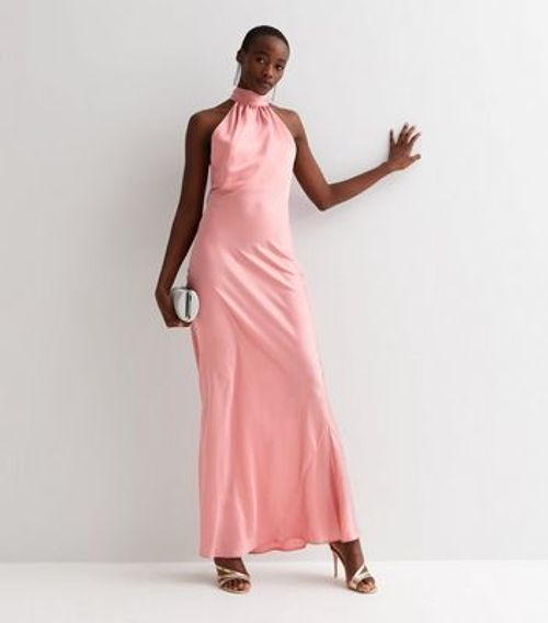 Tall Pink Satin Halter Neck...