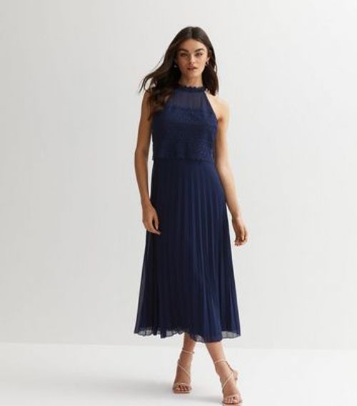 Navy Lace Pleated Halter Midi...