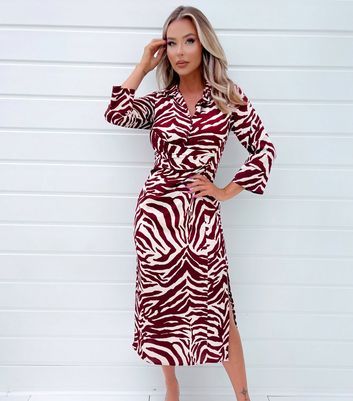 AX Paris Burgundy Zebra Print Collared Long Sleeve Midi Dress New