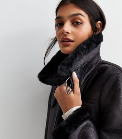 Black Leather-Look Faux Fur...