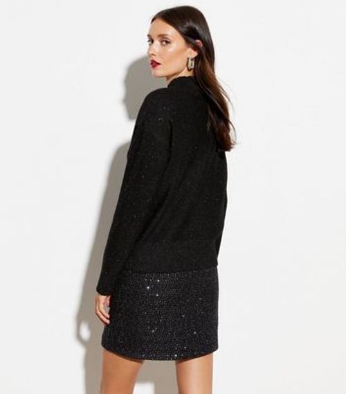 Black Knit Sequin High Neck...