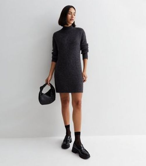 Gini London Black Ribbed Knit High Neck Long Sleeve Midi Bodycon Dress