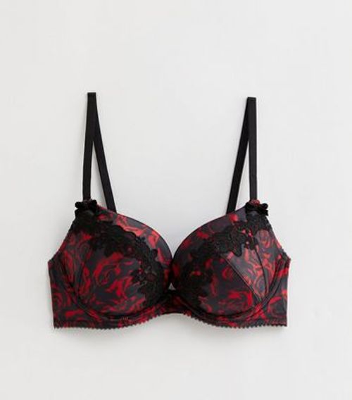 Red Floral Print Satin Lace...