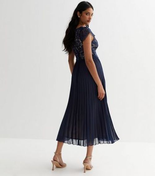 Navy Lace Pleated Midi Dress...