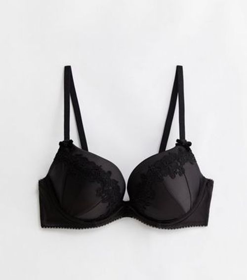 Black Satin Lace Trim Push Up Bra