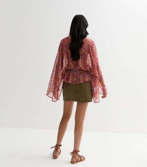 Purple Floral Crepe Ruffle Peplum Wrap Blouse