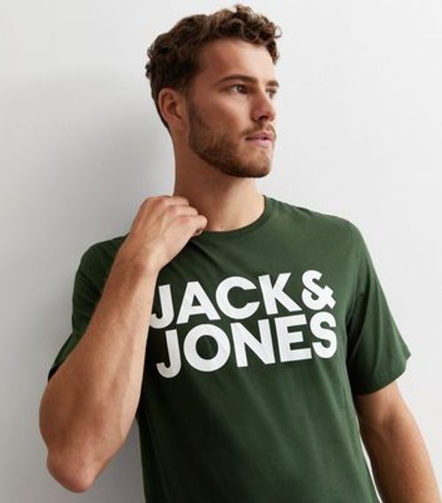 Men's Jack & Jones Khaki Cotton Logo T-Shirt New Look