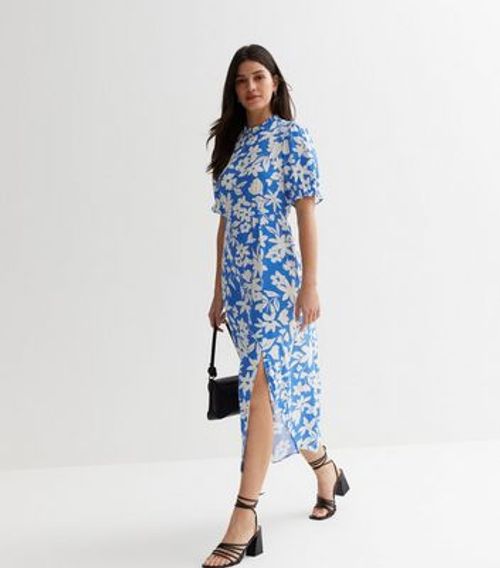 Blue Floral Puff Sleeve Midi...