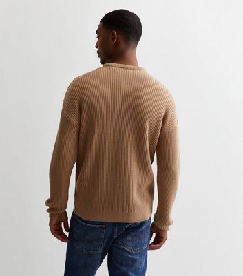 Men s Camel Fisherman Knit Crew Neck Relaxed Fit Jumper New Look