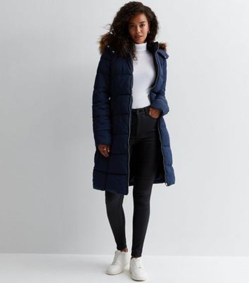 Navy Faux Fur Hood Belted Puffer Coat