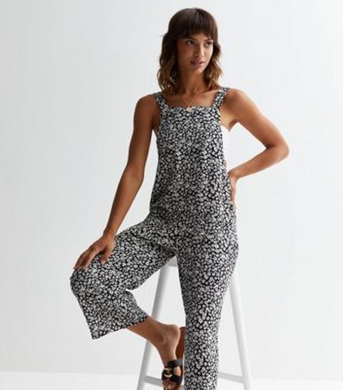 Black Ditsy Floral Belted Wrap Crop Jumpsuit