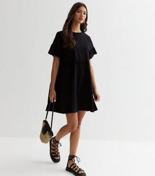 Black Ribbed Frill Flared Sleeve Mini Dress