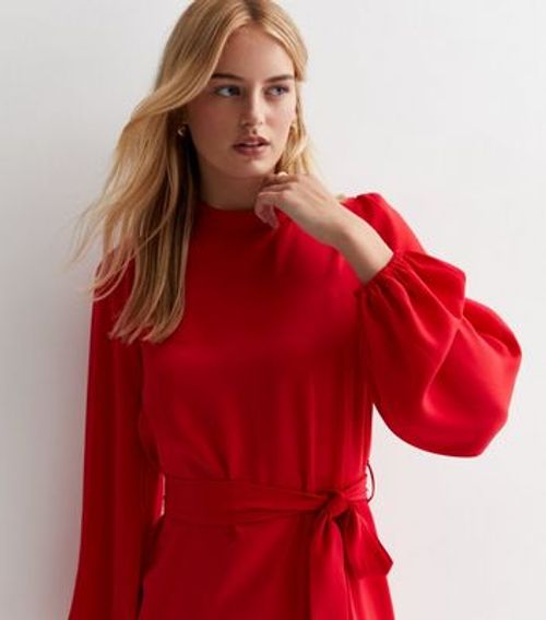 Tall Red Puff Sleeve Belted...