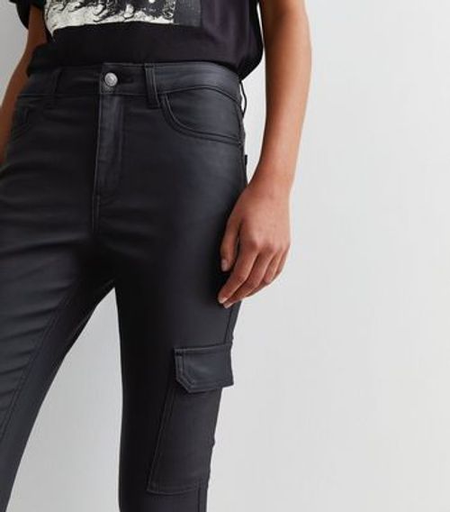 Black Coated Leather-Look Mid Rise Amie Skinny Jeans