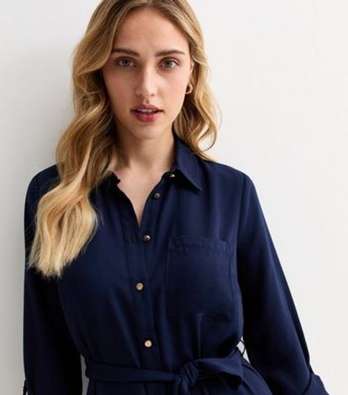 Navy Belted Midi Shirt Dress...