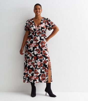 Curves Black Floral Satin Frill Midi Dress New Look | £19.00 | Trinity Leeds